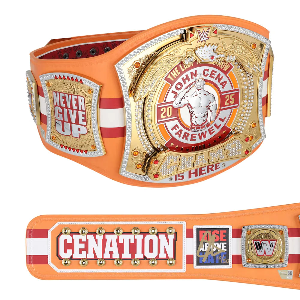 Wrestling championship belt with 'John Cena Farewell' text on an orange and red background