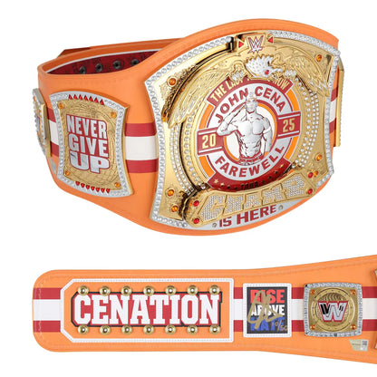 Wrestling championship belt with 'John Cena Farewell' text on an orange and red background