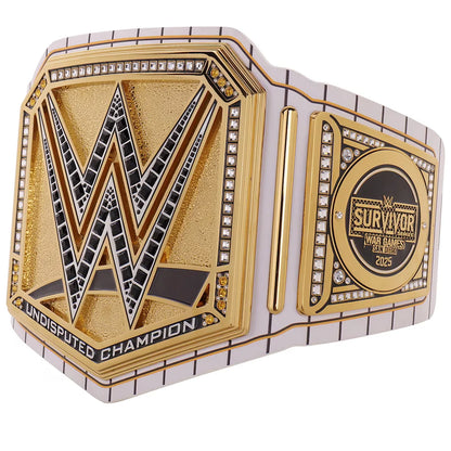 WWE championship belt with gold and black design on a white background