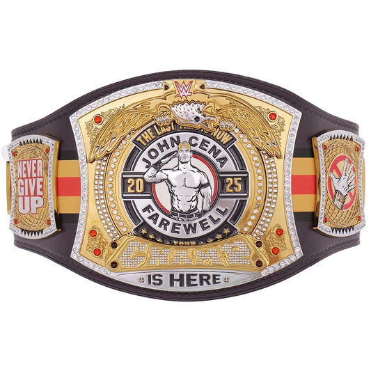 Wrestling championship belt with 'John Cena Farewell' text on a white background