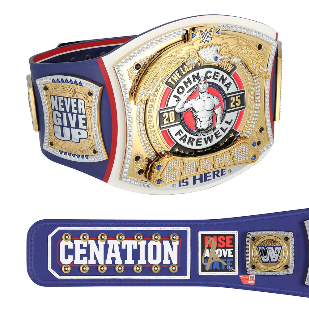 Wrestling championship belt with 'Never Give Up' and 'Cenation' text on a white background