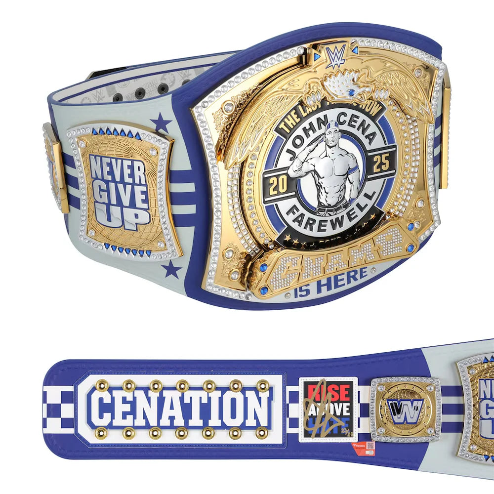 Wrestling championship belt with 'John Cena Farewell' text and logos on a white background