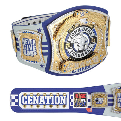 Wrestling championship belt with 'John Cena Farewell' text and logos on a white background