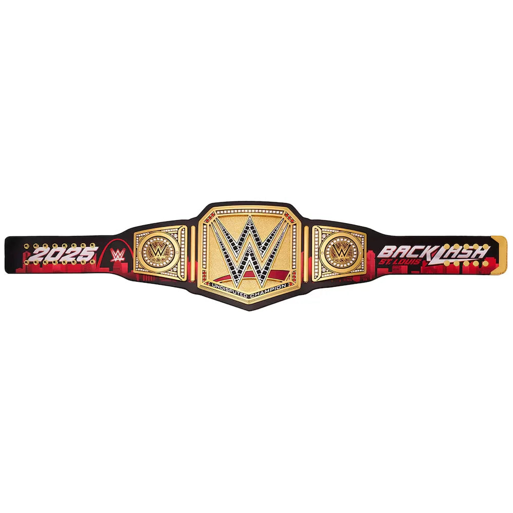 WWE Backlash 2025 Championship belt shown flat against a white background, featuring a gold central plate with the WWE logo, red and black side panels, and '2025' and 'BACKLASH' text.