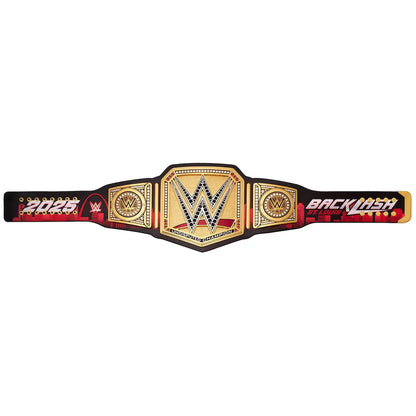 WWE Backlash 2025 Championship belt shown flat against a white background, featuring a gold central plate with the WWE logo, red and black side panels, and '2025' and 'BACKLASH' text.