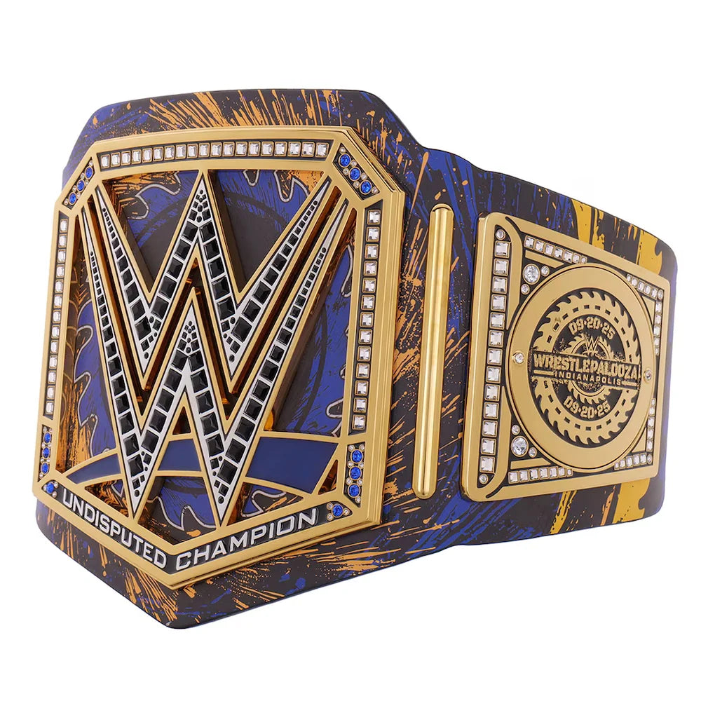 WWE championship belt with blue and gold design on a white background