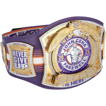Wrestling championship belt with 'John Cena Farewell' text on a white background