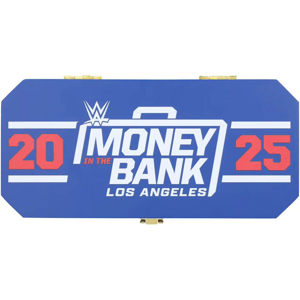 A blue octagonal WWE 'Money in the Bank' Los Angeles 2025 canvas print or sign, featuring the WWE logo and event branding in white and red text.