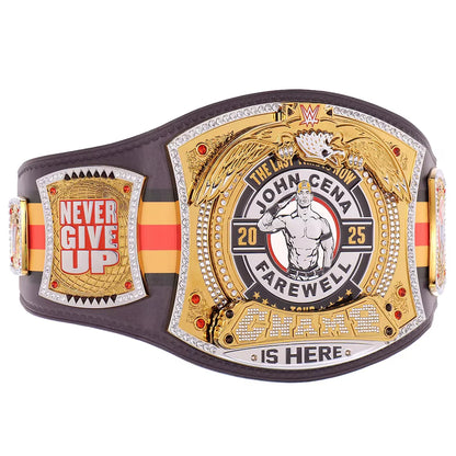 Wrestling championship belt with 'Never Give Up' and 'John Cena Farewell' text on a white background
