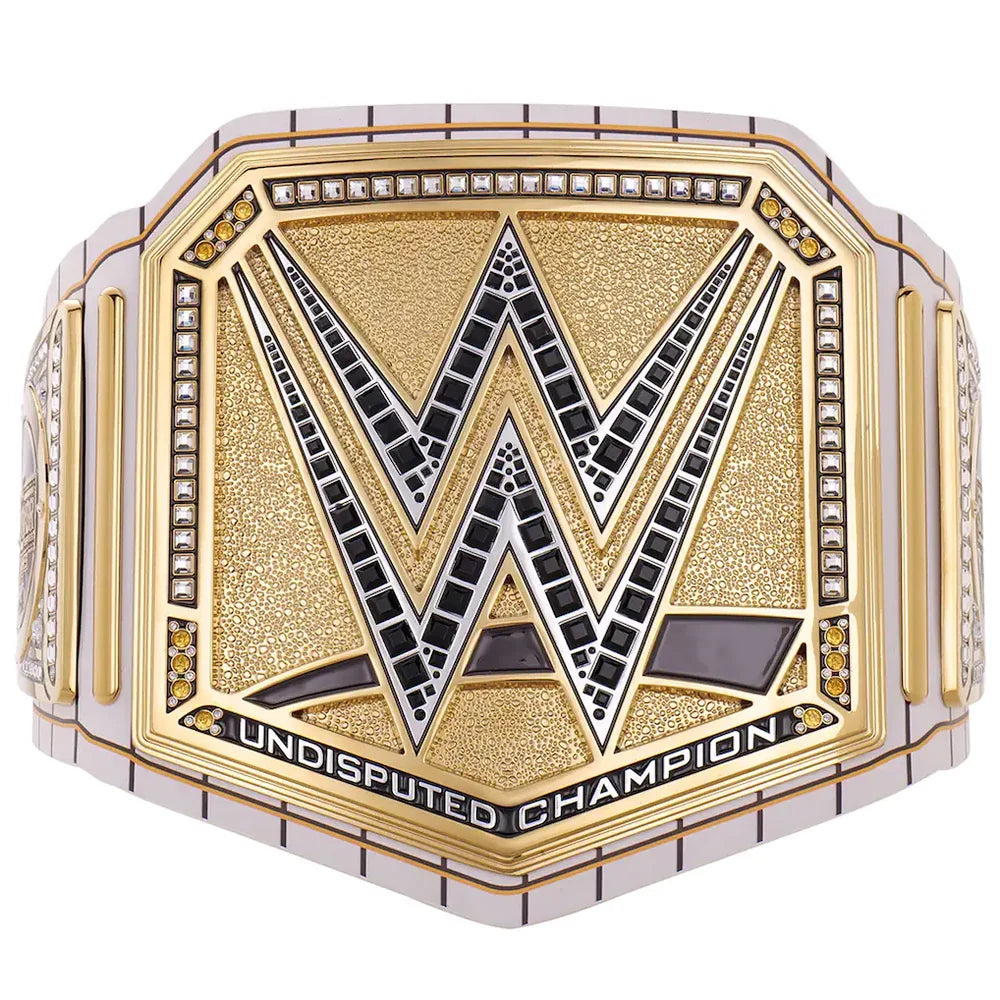 Gold and silver championship belt with WWE logo on a white background