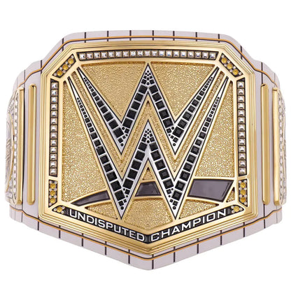 Gold and silver championship belt with WWE logo on a white background