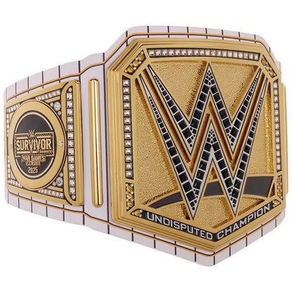 Wrestlemania 2025 Survivor Championship belt featuring a large gold-toned central plate with a black and silver WWE 'W' logo, flanked by a gold and silver chain strap with rhinestone accents.