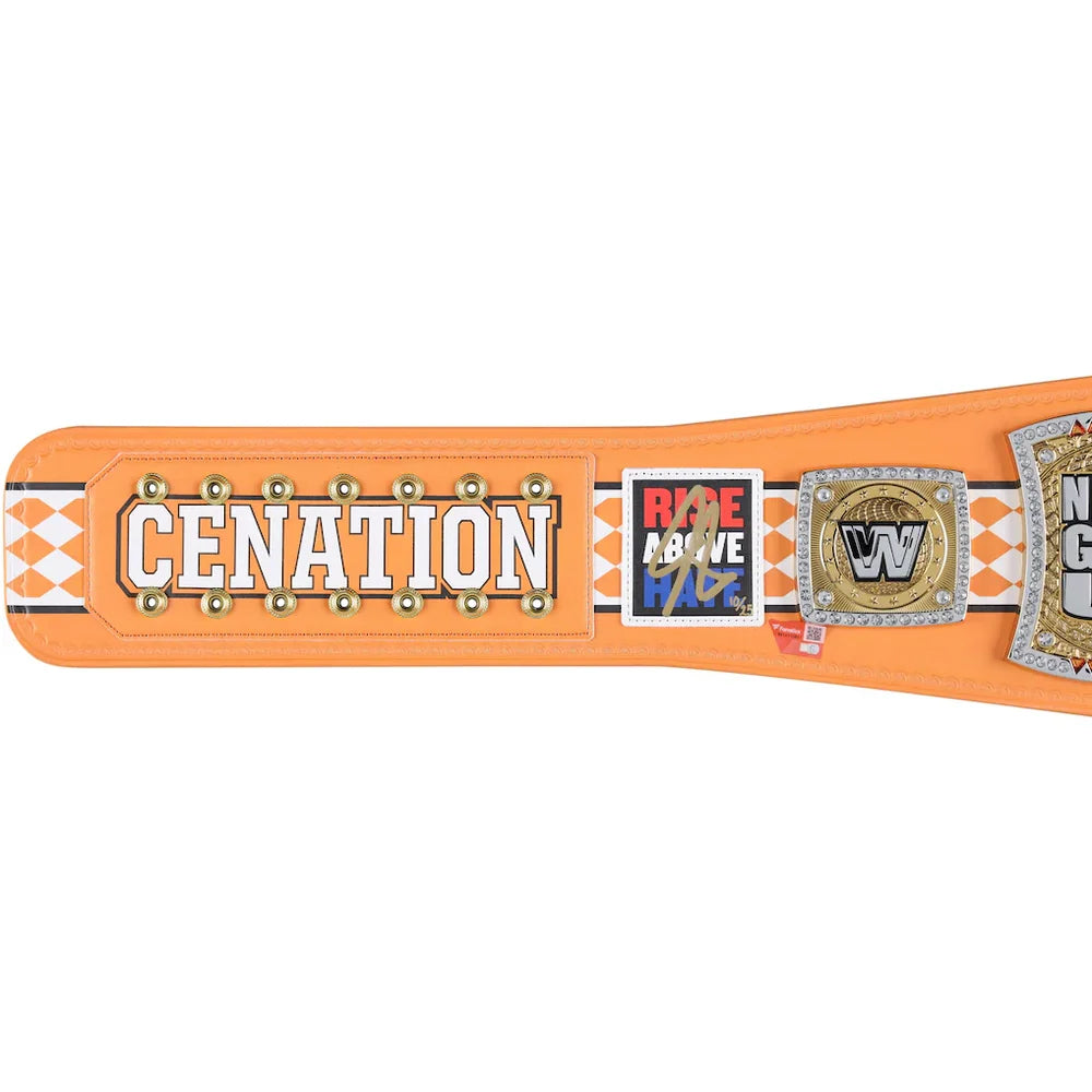 An orange championship belt featuring the name 'CENATION' in large white letters with gold studs, a 'RODE AGAPE' patch, and a gold 'W' medallion, shown against a plain white background.