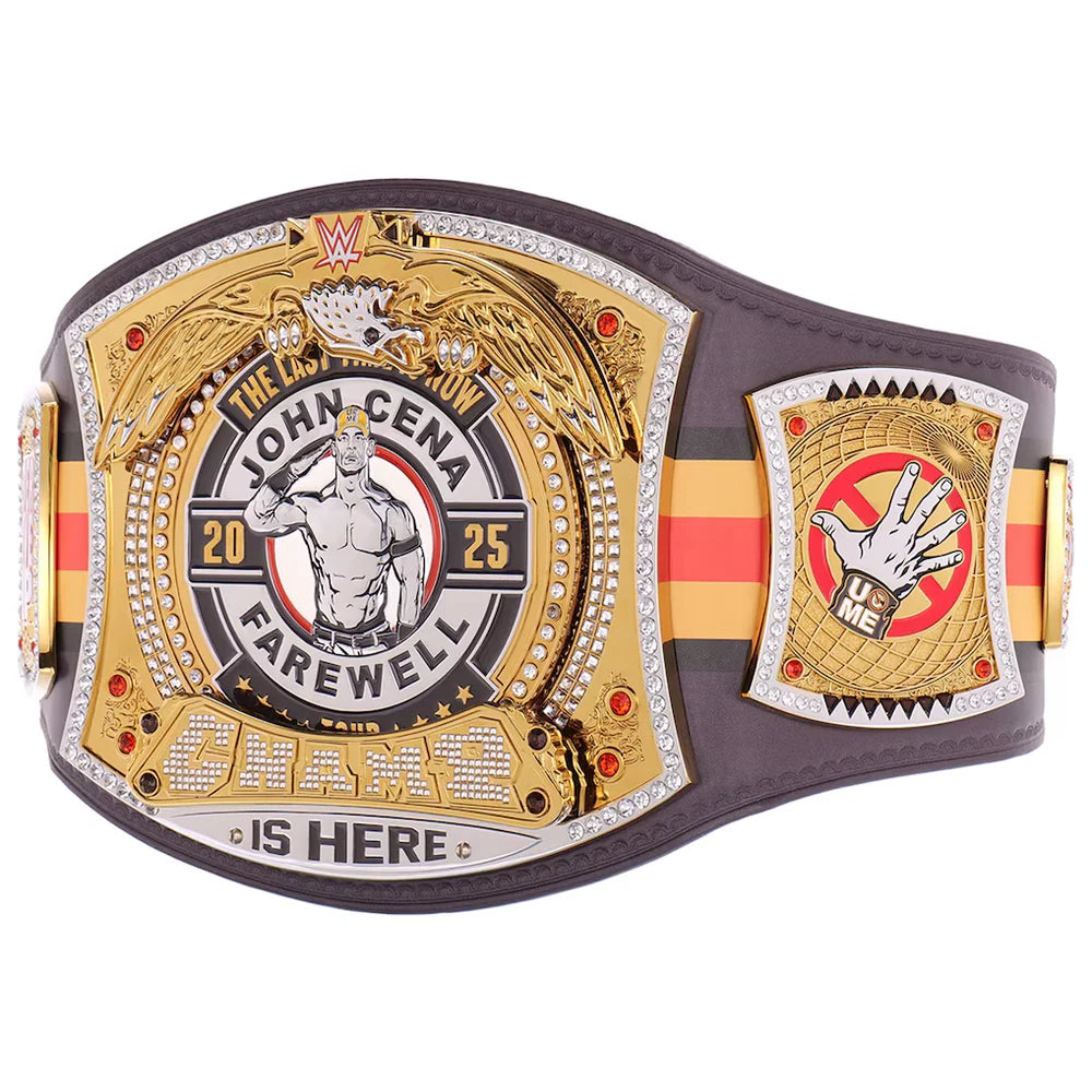 Wrestling championship belt with 'John Cena Farewell' text on a white background