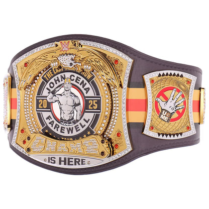 Wrestling championship belt with 'John Cena Farewell' text on a white background