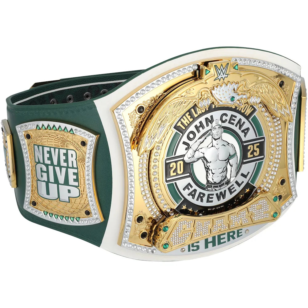 Wrestling championship belt with 'John Cena Farewell' text on a white background