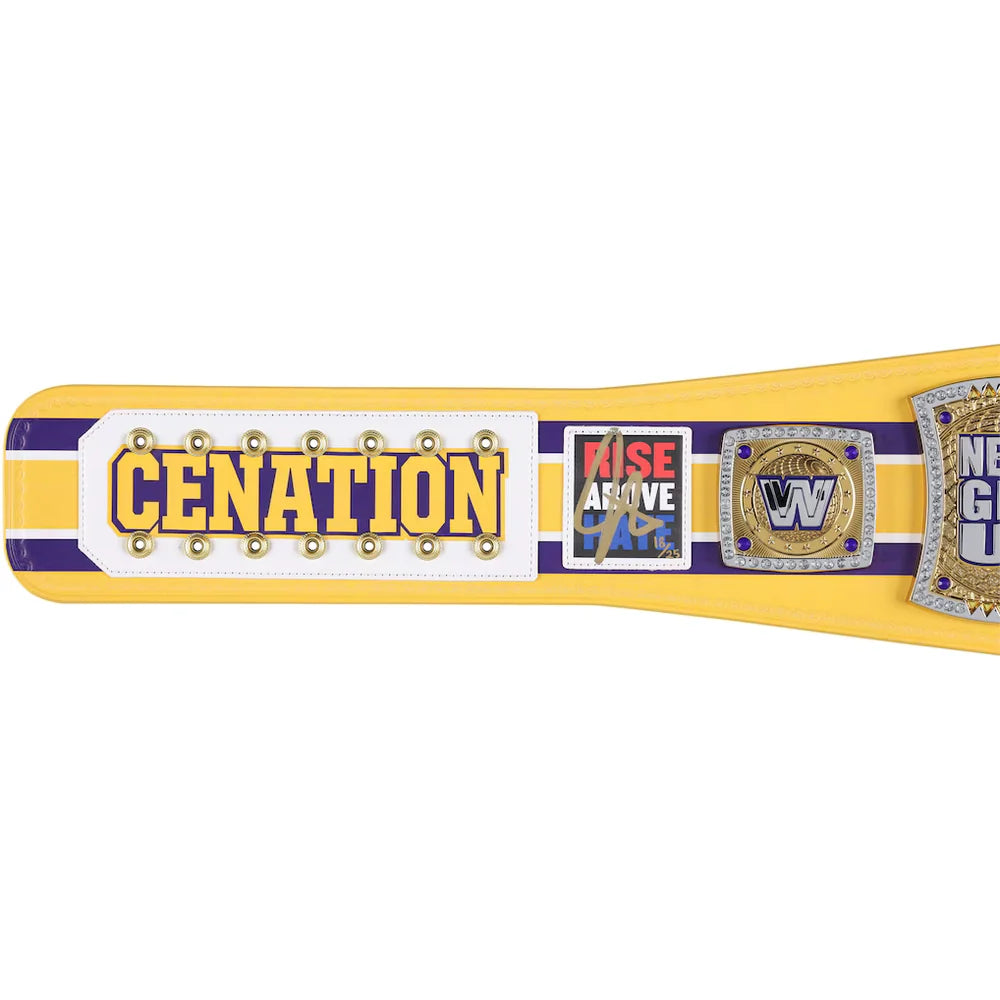A yellow and purple wrestling championship belt with gold lettering reading 'CENATION' on a white panel, alongside a 'Rise Above' patch and a WWE-style medallion, shown against a plain white background.