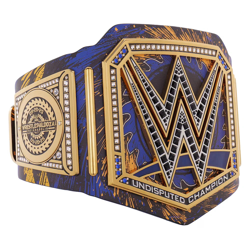 Wrestlemania Undisputed Champion belt featuring a large gold-toned 'W' emblem with black and white striped details, blue and gold marbled background, and rhinestone accents.