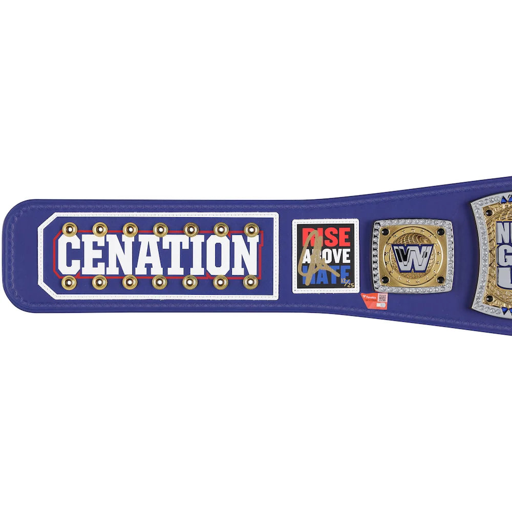 A purple wrestling championship belt with multiple gold and silver plates, including a central 'CENATION' plate and a 'Rise Above Late' sponsor plate, on a plain white background.