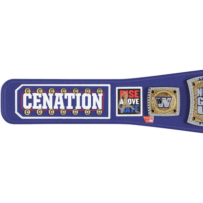 A purple wrestling championship belt with multiple gold and silver plates, including a central 'CENATION' plate and a 'Rise Above Late' sponsor plate, on a plain white background.