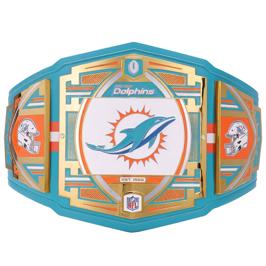Miami Dolphins championship belt with team logo and colors on a white background
