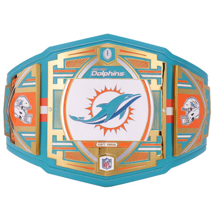 Miami Dolphins championship belt with team logo and colors on a white background