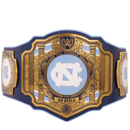 Decorative championship belt with gold and blue design on a white background