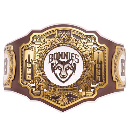 Decorative belt with 'Bonnies' logo and gold and brown design on a white background