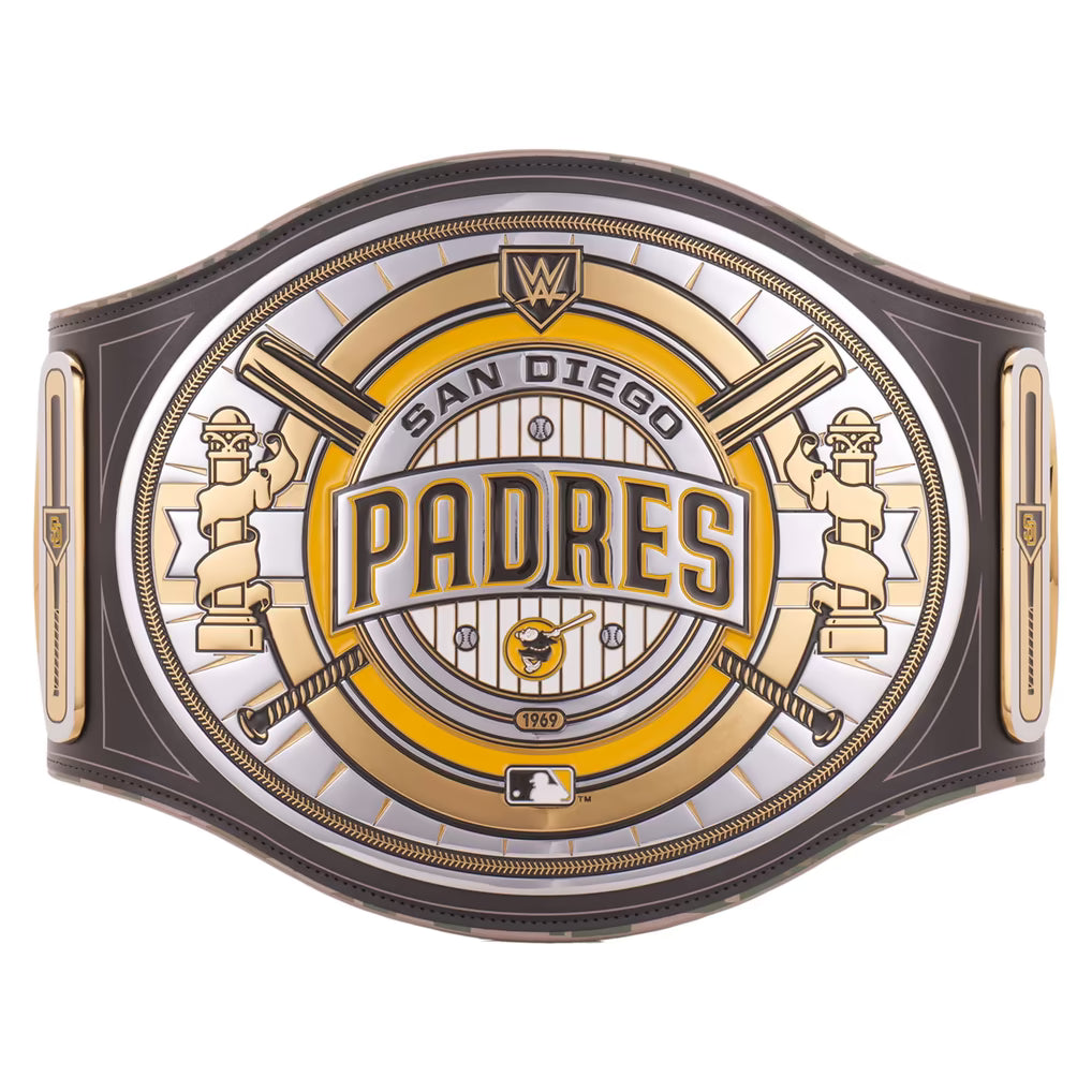 San Diego Padres belt buckle with baseball elements on a white background