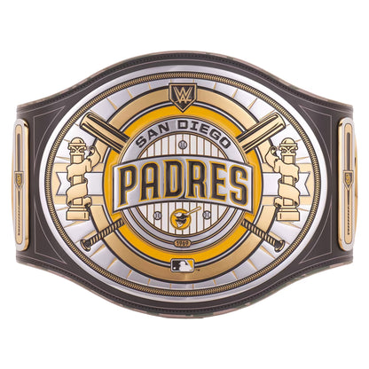San Diego Padres belt buckle with baseball elements on a white background