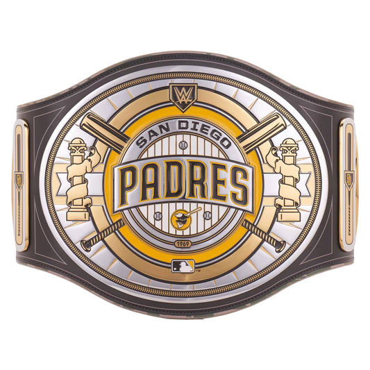 San Diego Padres belt buckle with baseball elements on a white background