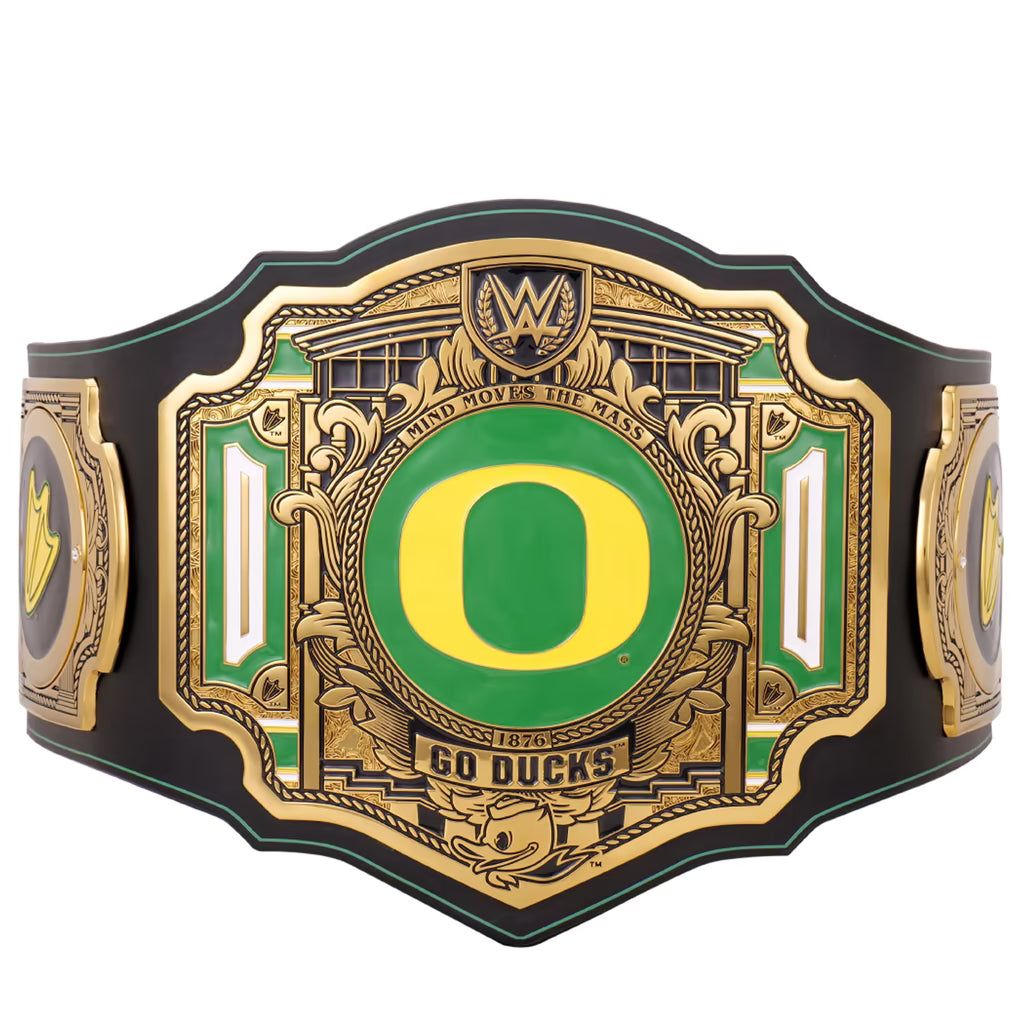 Oregon Ducks wrestling championship belt featuring a large gold and green central plate with a yellow 'O' and 'GO DUCKS' text, flanked by side plates on a white background.