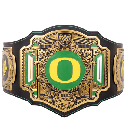Oregon Ducks wrestling championship belt featuring a large gold and green central plate with a yellow 'O' and 'GO DUCKS' text, flanked by side plates on a white background.