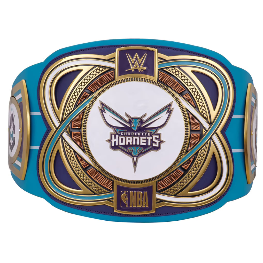 A WWE Charlotte Hornets championship belt featuring a large central plate with the Hornets logo, WWE and NBA logos, and intricate gold and blue decorative knotwork patterns on a white background.