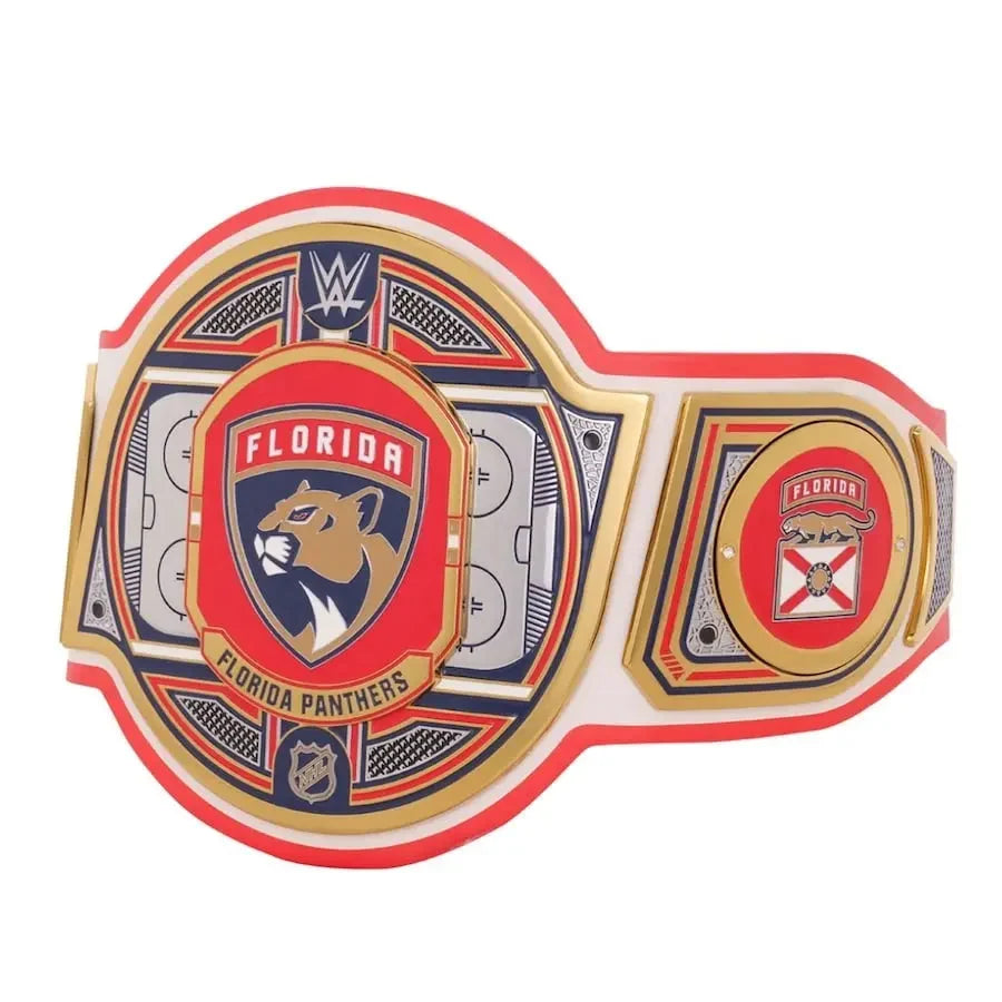 Wrestling championship belt with Florida Panthers logo on a white background