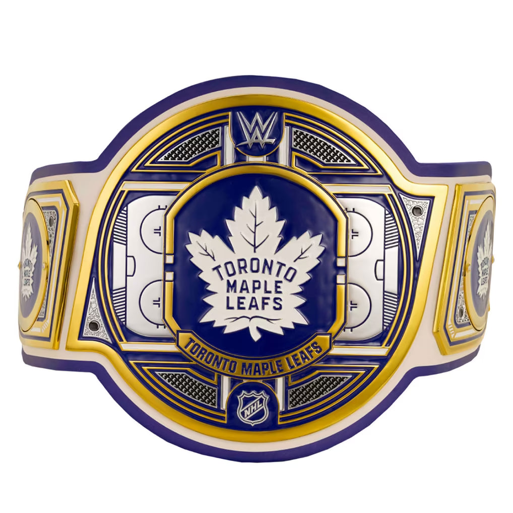 Toronto Maple Leafs WWE championship belt featuring a large central plate with the team's maple leaf logo, surrounded by WWE and NHL branding, on a plain white background.