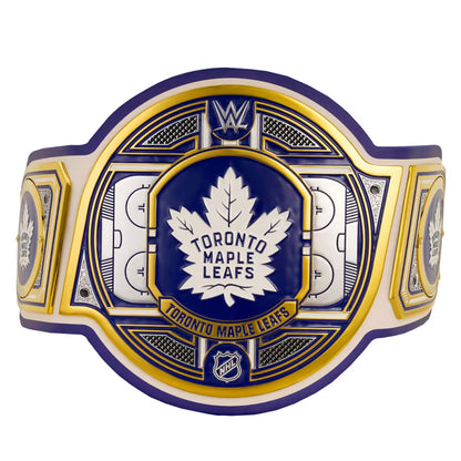 Toronto Maple Leafs WWE championship belt featuring a large central plate with the team's maple leaf logo, surrounded by WWE and NHL branding, on a plain white background.