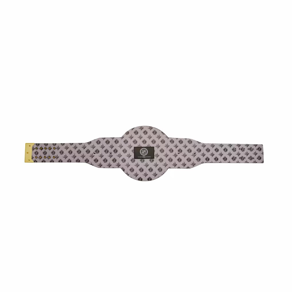 A patterned belt with a central oval buckle and a repeating geometric design in gray and white, featuring a small black logo patch in the center.