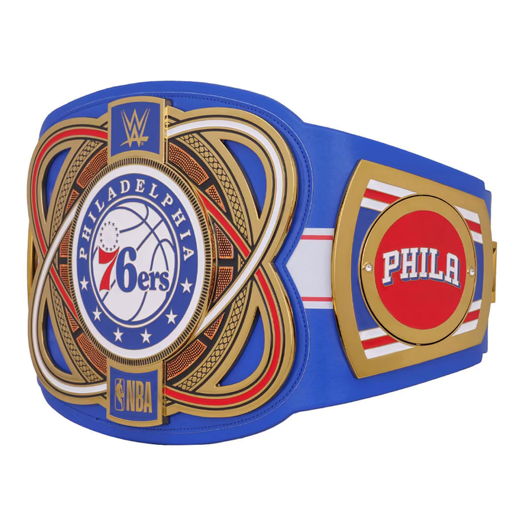 Wrestling championship belt with Philadelphia 76ers and NBA logos on a white background