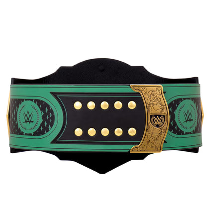 A WWE championship belt featuring a black leather strap, vibrant green panels, gold studs, and an ornate gold buckle with the WWE logo, shown against a plain white background.