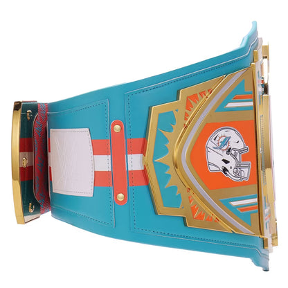 Colorful championship belt with a helmet logo on a white background