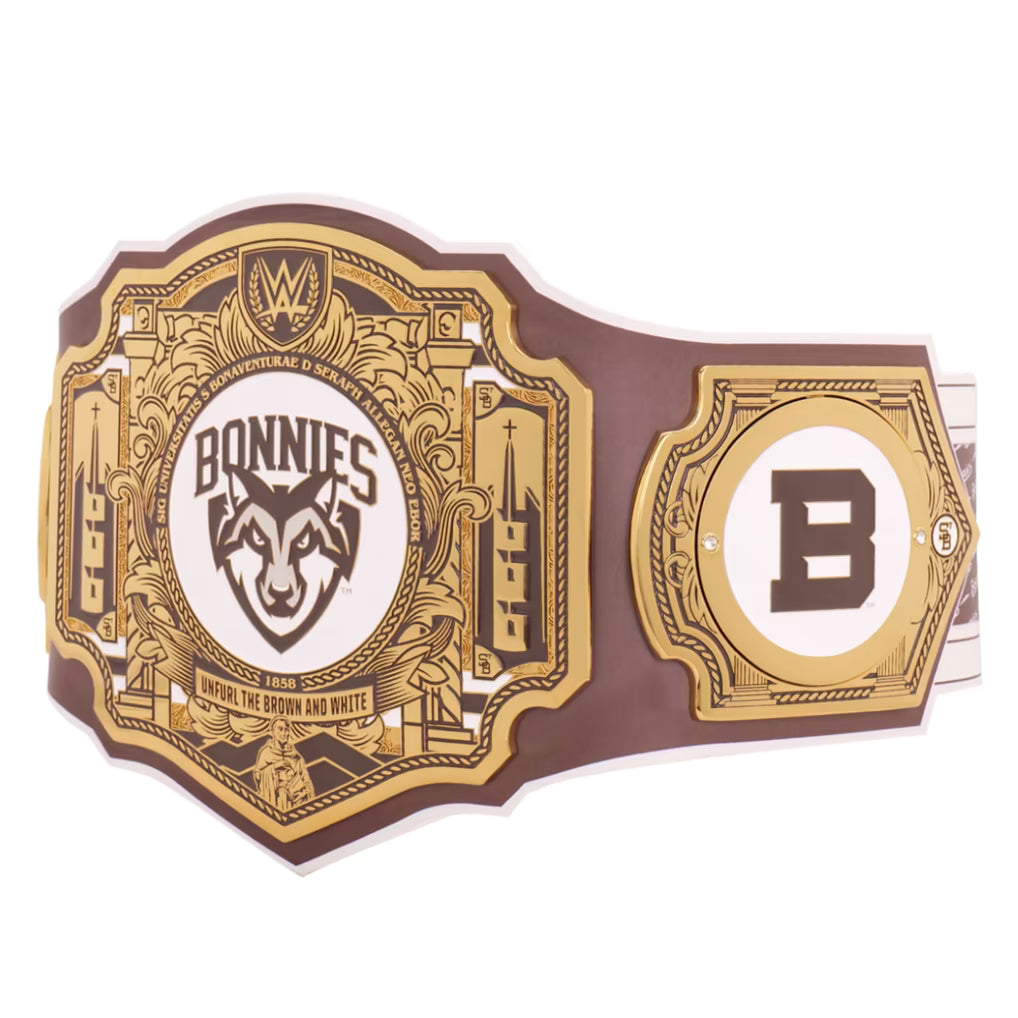 Decorative belt with 'Bonnie's' logo and gold accents on a white background