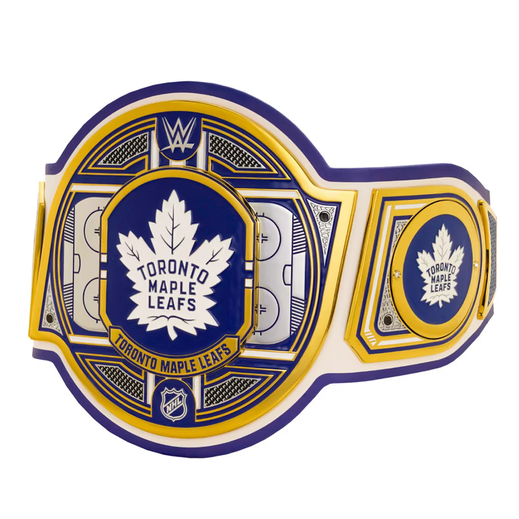 Toronto Maple Leafs championship belt with blue, yellow, and white design on a white background