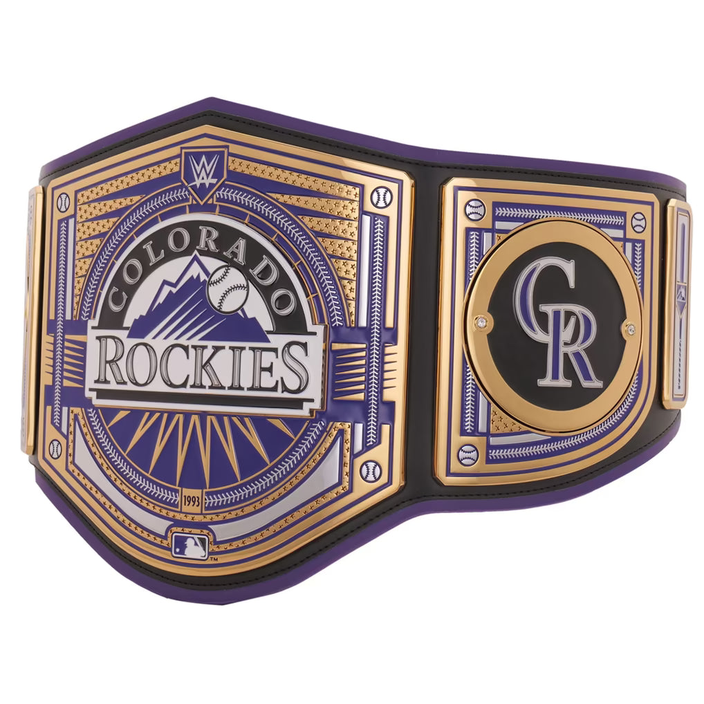 A replica of the WWE Colorado Rockies championship belt, featuring a purple and gold design with the 'Colorado Rockies' logo and 'CR' monogram on a white background.
