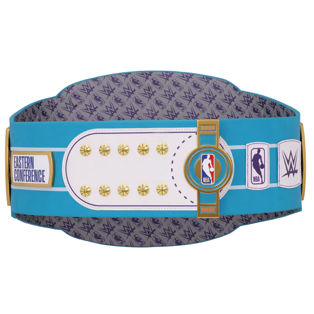 Wrestling belt with NBA and WWE logos on a white background