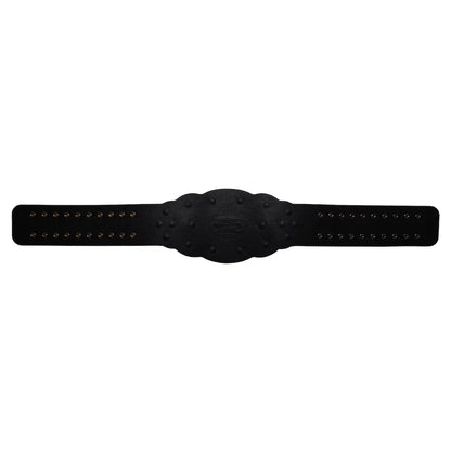 A black textured belt with a central oval buckle and rows of small metallic studs on both sides, shown against a plain white background.