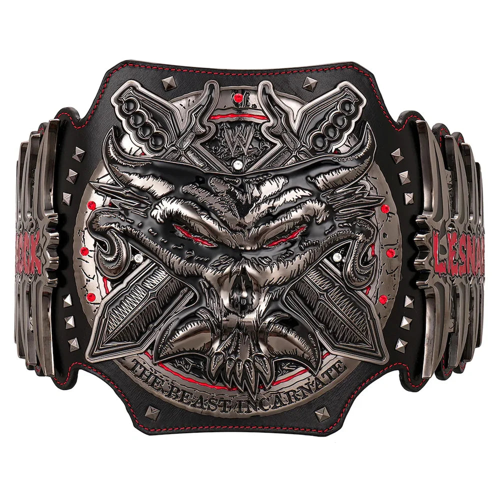 A WWE Championship belt featuring a large, highly detailed central plaque with a demonic skull and the words 'THE BEAST INCARNATE' at the bottom. The plaque has red eyes and is accented with small red gemstones.
