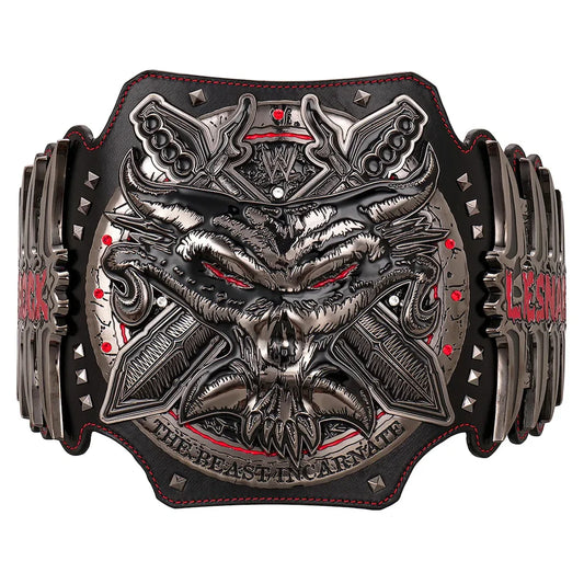 A WWE Championship belt featuring a large, highly detailed central plaque with a demonic skull and the words 'THE BEAST INCARNATE' at the bottom. The plaque has red eyes and is accented with small red gemstones.