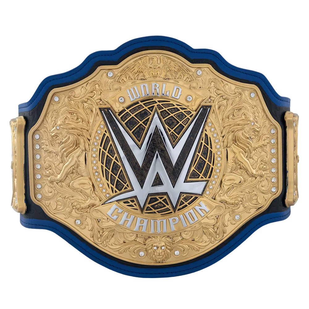 WWE World Champion belt featuring a large gold-toned central plate with the WWE logo, flanked by lion carvings and bordered by a blue strap, shown on a plain white background.