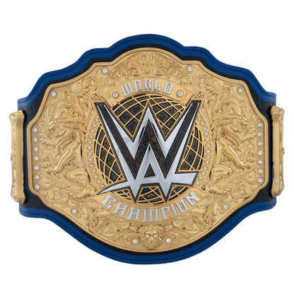 WWE World Champion belt featuring a large gold-toned central plate with the WWE logo, flanked by lion carvings and bordered by a blue strap, shown on a plain white background.